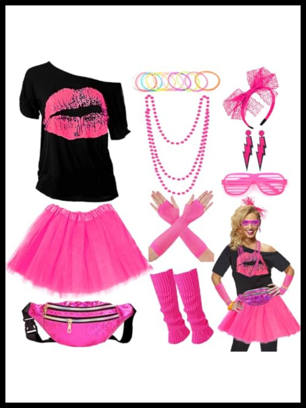 80s Costume Set Women 23-Piece T-Shirt Tutu Fanny Pack Leg Warmers Party